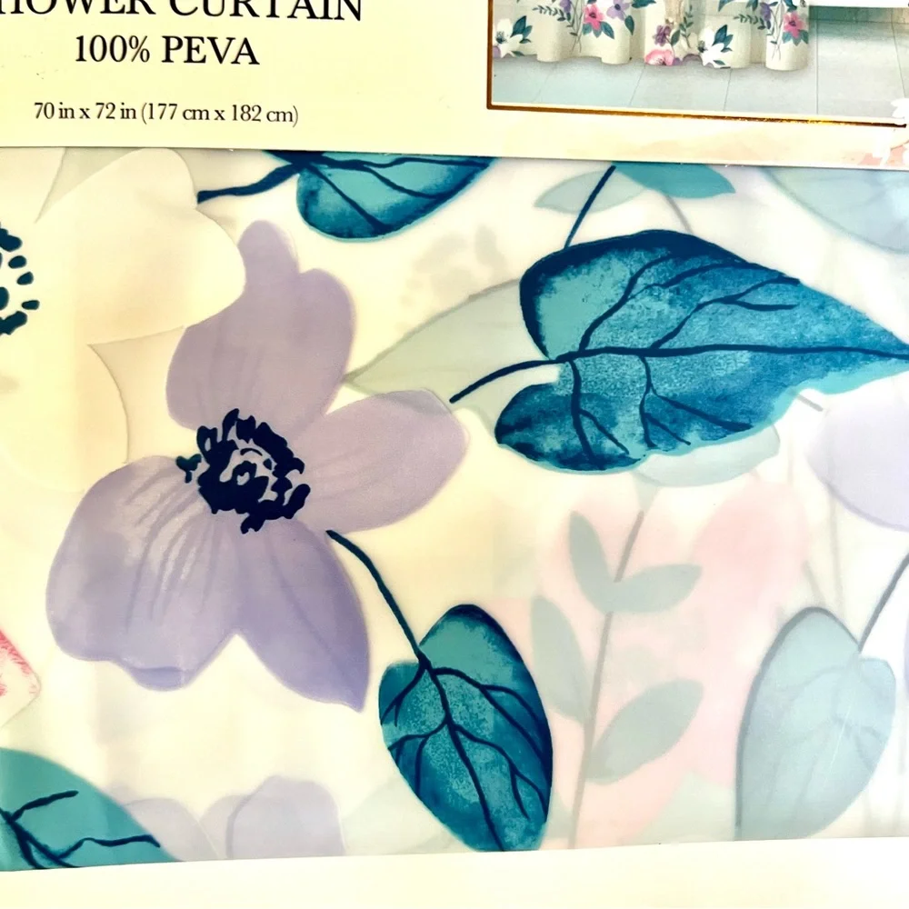 Floral Garden Peva Shower Curtain Lavender Pink White Flowers Blue Leaves
